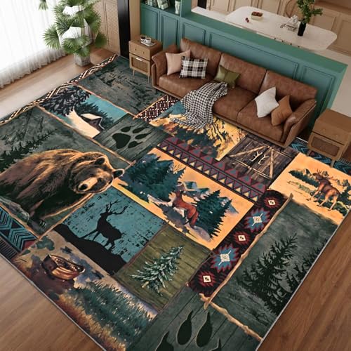 ASPMIZ 9x12 Area Rug Rustic Living Room Rugs, Low Pile Southwestern Washable Rug Non Slip, Soft Faux Wool Cabin Throw Rugs for Bedroom, Dining Room, Vintage Country Wildlife Home Decor, Blue - color: Blue, size: 9' X 12' (Rectangular)