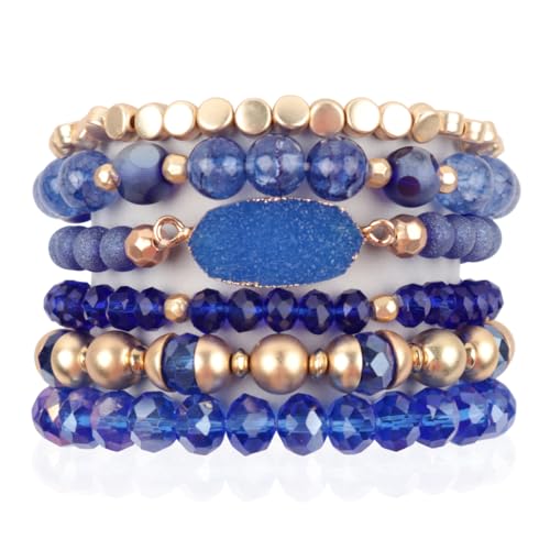 RIAH FASHION Bohemian Acrylic Druzy Multi-Layer Bead Statement Bracelet - Versatile Faux Stone Pendant Stretch Strand Stackable Cuff Bangle Set Sparkly Crystal - color: Bohemian Oval Druzy Set - Blue