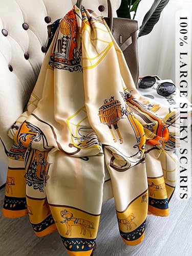Large Shawl Scarf For Women Lightweight Wraps Silky Headscarf Long Sunscreen Scarfs - color: T26 Golden Carriage Chain / 70"x 35"