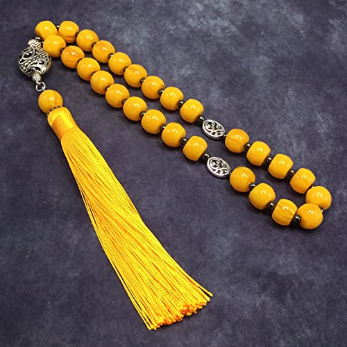 Mala Prayer Beads - Mala Necklace - Tibetan Mala Prayer Beads Meditation Beads Yoga Necklace - color: (POCKET MALA)-Yellow Resin Cylinder -13X9 mm- 27 Beads