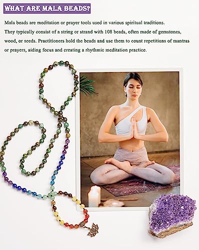 Bivei 7 Chakra 108 Mala Beads Bracelet Real Gemstone Yoga Meditation Hand Knotted Mala Prayer Bead Necklace - size: 6mm, style: Lotus OM - African Turquoise