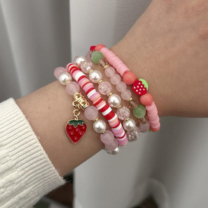 Healing Beads Bracelets for Women Men, Adjustable Natural Stone Beaded Bracelet Stackable Chain Stretch Jewelry Gifts - color: 5PCS Strawberry Beaded