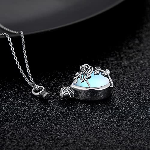 JUSTKIDSTOY Moonstone Urn Necklace for Ashes Sterling Silver Daisy/Rose/Tree Teardrop Pendant Necklace Cremation Jewelry Keepsake Memorial Gifts for Mother Grandma w/Funnel Filler - style: Rose
