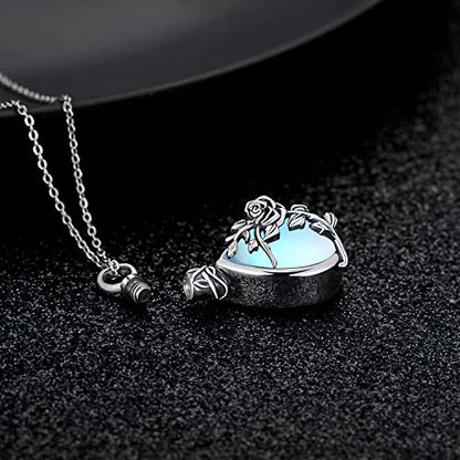 JUSTKIDSTOY Moonstone Urn Necklace for Ashes Sterling Silver Daisy/Rose/Tree Teardrop Pendant Necklace Cremation Jewelry Keepsake Memorial Gifts for Mother Grandma w/Funnel Filler - style: Rose
