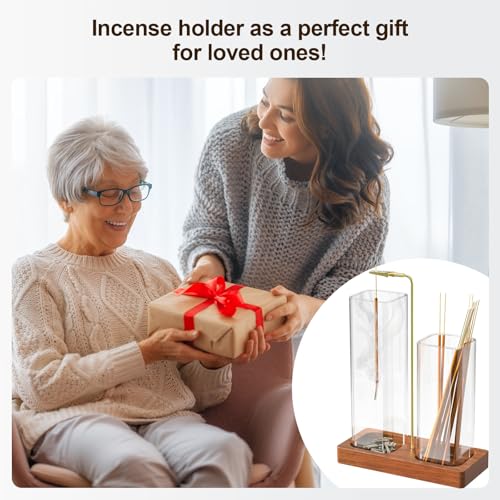2 in 1 Incense Holder & Upside Down Burner with 7.8" & 5.9" Glass Jars, Ash Catcher & Storage for Sticks, Wooden Bakhoor Burner for Yoga Meditation Home Decor, Includes 20 Incense Sticks & Brush