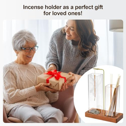 2 in 1 Incense Holder & Upside Down Burner with 7.8" & 5.9" Glass Jars, Ash Catcher & Storage for Sticks, Wooden Bakhoor Burner for Yoga Meditation Home Decor, Includes 20 Incense Sticks & Brush