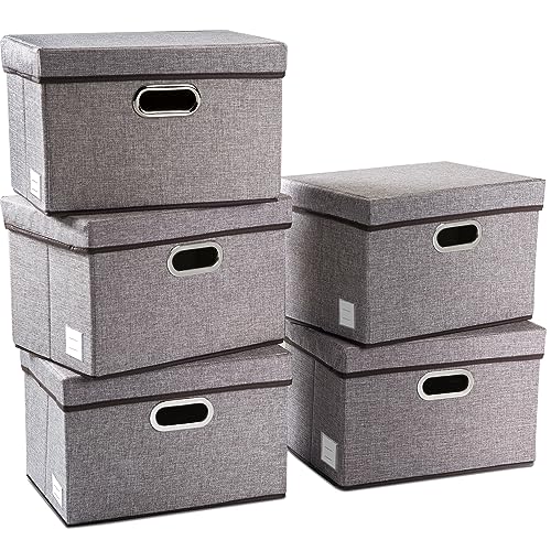 PRANDOM Collapsible Storage Containers with Lids [5-Pack] Linen Fabric Foldable Storage Bins Boxes Organizer Baskets Cube with Cover for Home Bedroom Closet Office Nursery (14.9x9.8x9.8) - color: Gray, size: M(5-Pack)