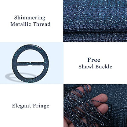 vimate Sparkling Metallic Shawls and Wraps for Evening Party/Wedding/Formal Dresses (With Free Buckle) - color: D1#. Navy Blue (With Navy Blue Buckle)