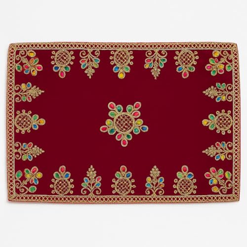 Handcrafted Velvet Puja Chowki Aasan Cloth with Rich Golden Zari Embroidery, Traditional Indian Decorative Pooja Altar Cover for Home Mandir, Temple Décor - 15x9 Inch (Magenta) - color: Magenta