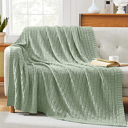 TREELY 100% Cotton Knitted Throw Blanket Couch Cover Blanket(60 x 80 Inches, Light Sage Green) - color: Sage Green, size: Twin (60 in x 80 in)