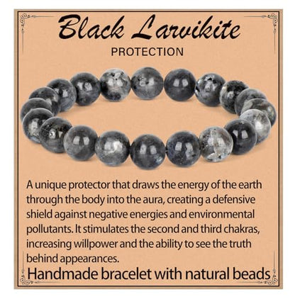 LPBeads Handmade Natural Gemstone Stretch Elastic Bracelet Healing Crystal Round Stone Beads Jewelry Gifts for Women Men - color: Black Larvikite, size: 10mm