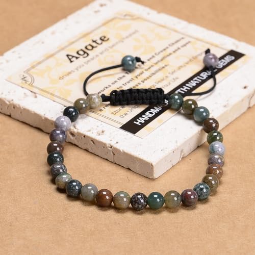 MASSIVE BEADS Handmade Yoga Natural Stone Crystal Healing Power Energy Gifts for Unisex Adult Bracelet Macrame Adjustable - color: Indian Agate(Peaceful), size: 6mm