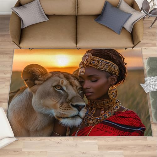 African Queen Rug, 4x6 Rug, African American Rugs for Bedroom & Room Decor, Savanna Lion Area Rugs, Playroom Classroom Large Area Rug, Washable Non Slip - color: African Queen#62, size: 4' x 6' (Rectangular)