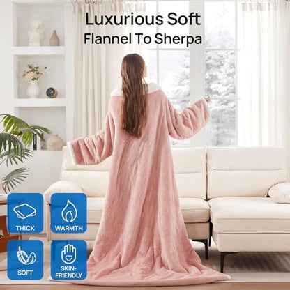 Westinghouse Electric Snuggle Throw Blankets with Foot Pocket, Wearable Heated Blanket with Sleeves, 6 Heating Levels & 2 to 10 Hours Heating Time Settings, 50 * 70"+18", Pink - color: Pink&ivory, size: 70*50" Heated Snuggle Blanket