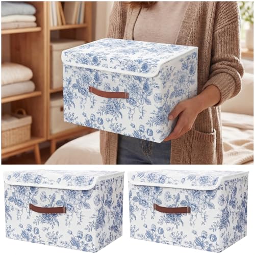 2 Pack Blue Floral Storage Bin with Lids Handles Large Blue and White Porcelain Storage Boxes 10x8x7 Inch Foldable Fabric Basket Decorative Cube Organizer for Clothes Nursery Home Dorm - color: Blue, size: 10x8x7 Inch