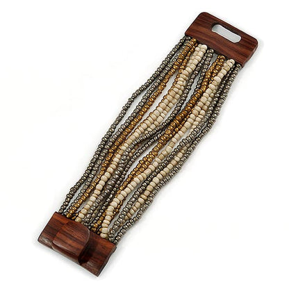 Avalaya Grey/Bronze/Antique White Glass Bead Multistrand Flex Bracelet With Wooden Closure - 19cm L