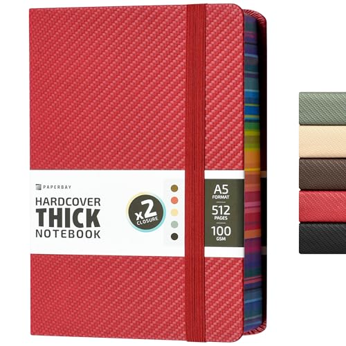 A5 Hardcover Thick Notebook 500 Pages, 5.7 x 8.3 inch Big Daily 365 Women or Men Journal for Writing with Spray Edges, Lined Paper Diary Journaling Notebook for Work (Red) - color: Red