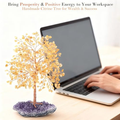 Gemstone Crystal Tree of Life,Natural Citrine(406 Stones Count) with Amethyst Cluster Base,Chakra Healing Crystals Positive Energy Fengshui Bonsai Money Tree Gift 8.5"-9"