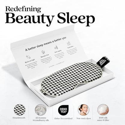 Pure Silk Sleep Mask [100% 6A Mulberry Silk, 22 Momme] Light Blocking Travel Essentials. Eye Masks for Sleeping. Black Oeko-Tex Blindfold. Eye Covers for Men & Women - color: Houndstooth