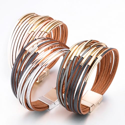 Fesciory Leather Wrap Bracelets for Women, Boho Leopard Multi-Layer Crystal Beads Cuff Bracelet Jewelry - color: Black and Gray