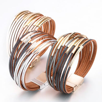 Fesciory Leather Wrap Bracelets for Women, Boho Leopard Multi-Layer Crystal Beads Cuff Bracelet Jewelry - color: Black and Gray
