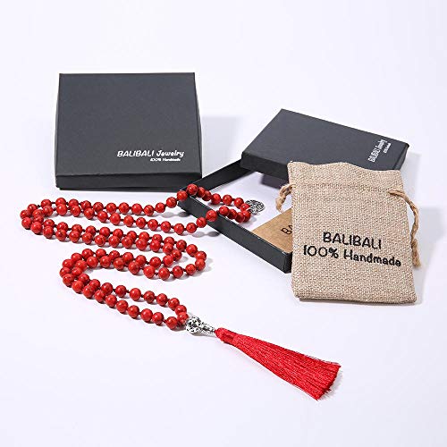 108 Mala Beads Necklace Semi-Precious Gem Stones Meditation Necklace 108 Hand Knotted Japa Mala Beaded Tassel Necklace with Tree of Life Pendant - color: Red Turquoise