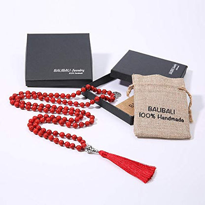 108 Mala Beads Necklace Semi-Precious Gem Stones Meditation Necklace 108 Hand Knotted Japa Mala Beaded Tassel Necklace with Tree of Life Pendant - color: Red Turquoise