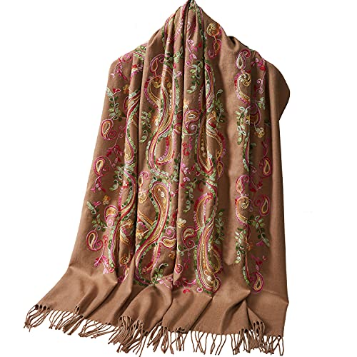 Embroidered Brushed Shawl Paisley Leaves Pattern Scarf Soft Ponchos Wrap Cape With Fringes - color: 015-camel