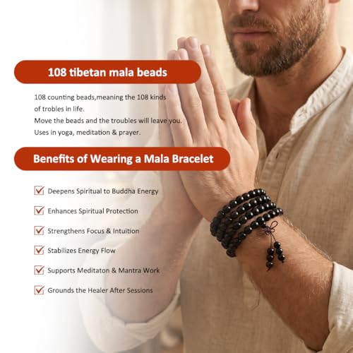 Nupuyai Natural Wood Wrap Bracelet for Women and Men, 108 Prayer Mala Beads Tibetan Necklace for Unisex Elastic Meditation Yoga Jewelry - color: Ebony Wood(8mm)
