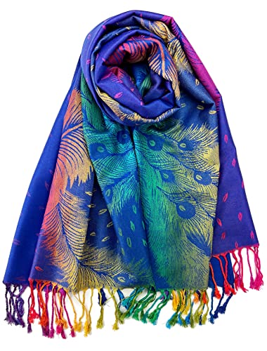 Plum Feathers Tapestry Ethnic Paisley Pattern Pashmina Shawl Scarf, Womens Pashmina Shawl Wrap with Fringes - color: Blue Rainbow