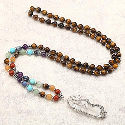 Jovivi Natural 7 Chakras Healing Crystals Necklace Wire Wrapped Clear Quartz Stone Pendant Healing Pointed Reiki Energy Balancing - color: Tiger Eye