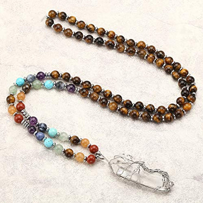 Jovivi Natural 7 Chakras Healing Crystals Necklace Wire Wrapped Clear Quartz Stone Pendant Healing Pointed Reiki Energy Balancing - color: Tiger Eye