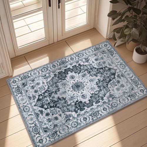 WILLSUN Washable Area Rugs, 2x3 Non-Slip Boho Small Area Rugs for Entryway, Kitchen, Bathroom, Machine Washable Vintage Rug, Indoor Floral Print Carpet for Home Decor, Kid & Pet Friendly Mat - color: Grey, size: 2' x 3' (Rectangular)