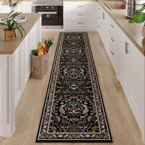 Rugcomf 2'7"x14' Long Hallway Runner Rug - Floral Washable Non Slip Boho Carpet for Kitchen, Entryway, Hall, Bathroom - Vibrant Black - color: Vibrant Black, size: 2'7" x 14' (Rectangular)