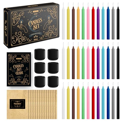 WYSPELL 36 Colored Spell Candles | 5" x 1/2" | Taper Candles Kit for Witchcraft & Decor | 6 Chime Candle Holders | Wiccan Supplies & Candlesticks Set