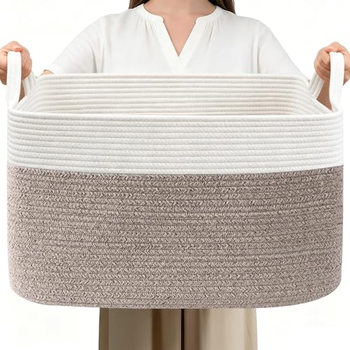 96L Large Blanket Basket,24"x16"x15"Rectangle Storage Bin with Handles,Woven Rope Laundry Basket for Toys, Clothes,Magazines,Home Organization,Nursery,Living Room & Bedroom,White & Brown - color: White & Brown, size: 24"x16"x15"(96L)