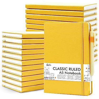 feela 24 Pack Journal Notebook for Work, Business Notebook Bulk Hardcover Lined Writing Journal with Pen Holder for Men Women Note Taking, with 24 Black Pens, 120 GSM, 5.1”x8.3”, A5, Yellow - color: 24 Pack yellow