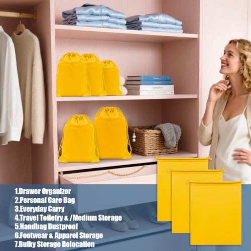 Microfiber Bags with Drawstring Soft Protective Pouch for Blanket,Shoes,Travel Cloth,Camping Bag,Sleeping Bag,Handbag,Winter Coat,Bulky Bedding (6 Pack, Yellow, 17.7” x 22”)