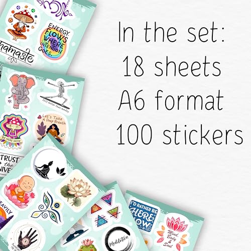 100Pcs Meditation Stickers for Water Bottle and Laptop - Gift for Meditation Lovers - Zen, Chakra Stickers - Gift for Women & Men