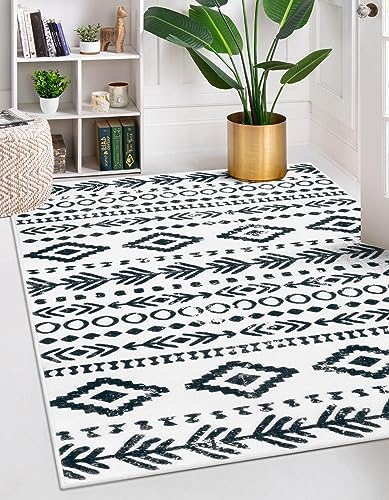 Lahome Boho Moroccan Area Rugs 5x7, Ultra-Thin Soft Washable Rugs for Entryway Non-Slip Rubber Backing, Non-Shed Farmhouse Geometric Print Large Indoor Carpet for Office Bedroom Playroom Varena - color: White/Black, size: 5' x 7'