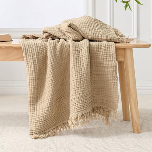 Esterra Muslin Throw Blanket 50x65 Inches Cozy Soft Lightweight Pre-Washed Cotton Blanket, All Season Breathable 4-Layer Gauze Blanket Throw for Sofa Couch Bed, Curds&Whey - color: 05 - Curds Whey, size: Throw (50"x65")