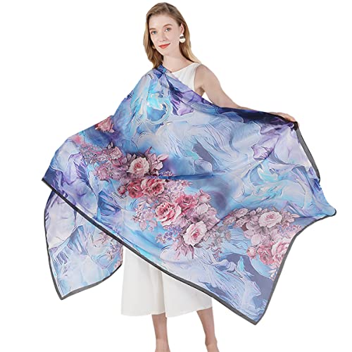 DANA XU Women's 100% Mulberry Silk Pashmina Shawl and Wraps Extra Large Floral Scarf for Evening Dresses, Soft Oversized - color: Blue Purple Floral