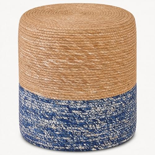Natural Seagrass Foot Stool, Hand Weaving Round Ottoman, for Living Room, Outdoor Seat (Natural & Blue) - color: Natural Cattail & Blue Corn Shell
