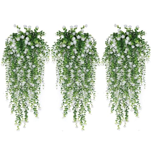 WEISPARK Artificial Hanging Flowers, 9pcs Fake Eucalyptus Vine Faux Flower Greenery Garland Plastic Plants for Indoor Outdoor Wall Garden Wedding Home Party Decor - color: White-9pcs