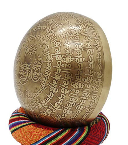 KHUSI 6 Inch Tibetan Singing Bowl, Full Mantra Conch Engraved Sound Bowl for Mindfulness Chakra Bowl, Comes w/Silk Box, Cushion and Leather grip Mallet