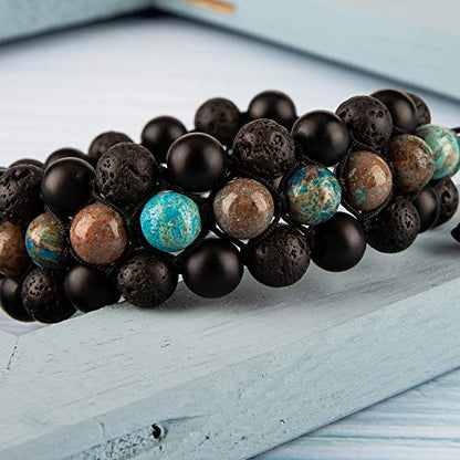 8mm Natural Lava Rock Stone Bracelets for Men, Healing Crystal Essential Oil Diffuser Beads Bracelet Chakra Yoga Energy Anxiety Gemstone Bracelet - color: Sea Sediment + Lava Rock + Agate