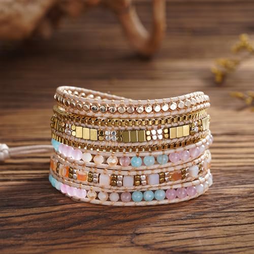 Women Boho Handmade Natural Stone Crystal Leather Bead Wrap Bracelets Collection - style: Boho Stylish 5W