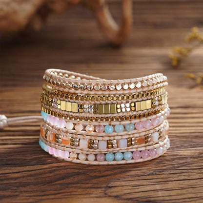 Women Boho Handmade Natural Stone Crystal Leather Bead Wrap Bracelets Collection - style: Boho Stylish 5W