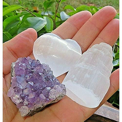 1 Set Meditation set wood boat, Amethyst, Selenite Heart, Selenite Tower Satya WS Inc