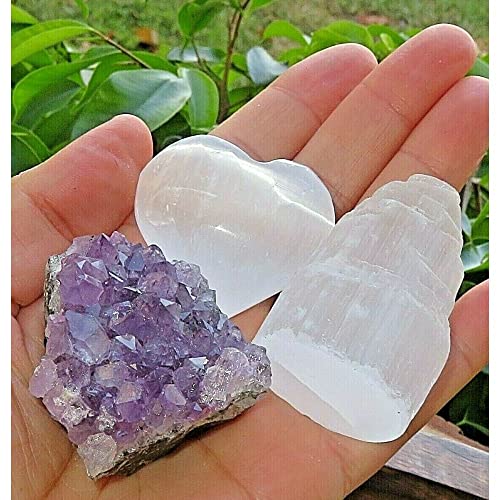1 Set Meditation set wood boat, Amethyst, Selenite Heart, Selenite Tower Satya WS Inc